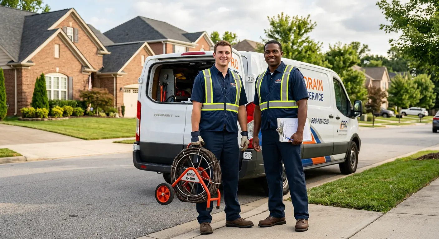 Sewer and drain service team with equipment ready for work in Oakton