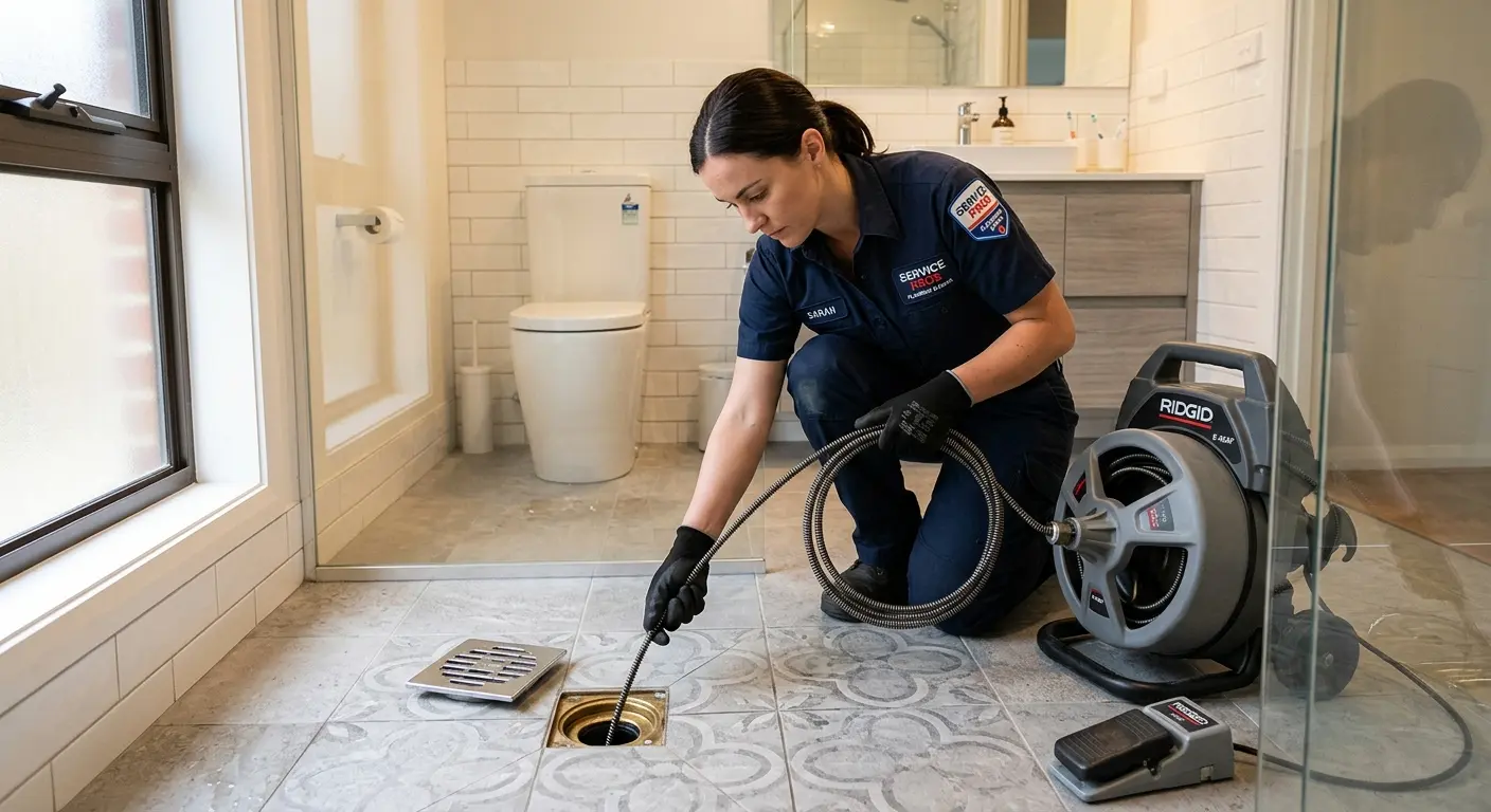 Technician clearing a bathroom floor drain for Sewer Line Installation in Oakton